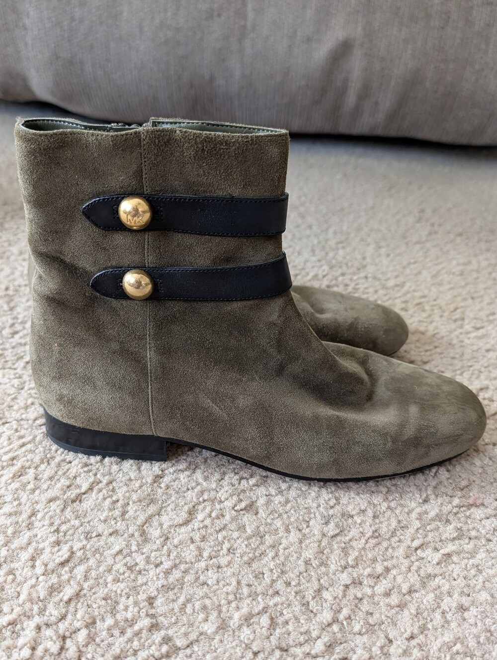 Michael Kors Olive Suede Ankle Boots with Black Straps and Gold Buttons